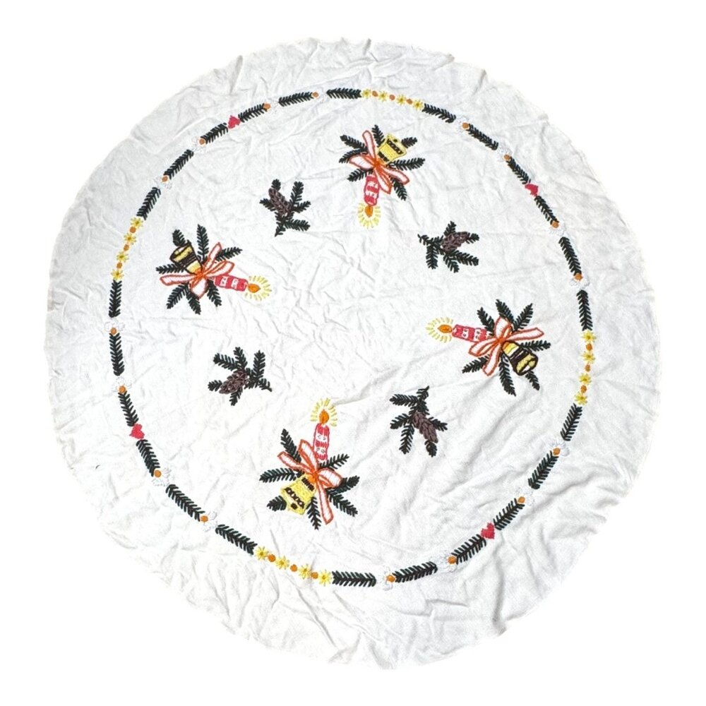 Vtg Round Christmas Tablecloth Festive Embroidery Needlepoint Candle Bell 43"